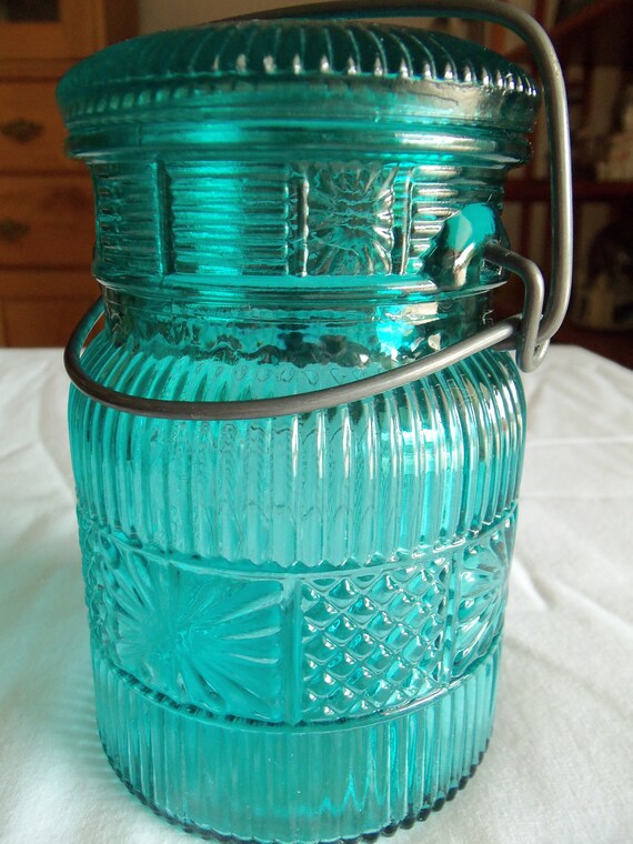 Avon Teal Glass Canning Jar Latch Glass Lid 5 1/2 High