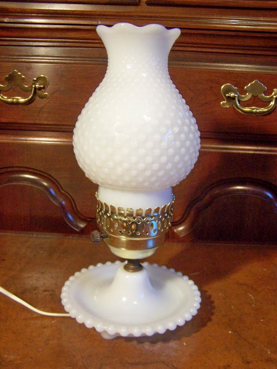 Fenton hobnail milkglass electric hurricane table lamp by VintHill