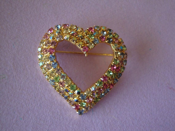 Vintage Rhinestone Heart Brooch Multi Color Valentines Love