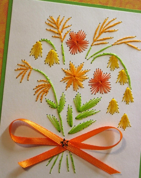 Items similar to Orange flower bouquet embroidered picture (5 x 7 ...