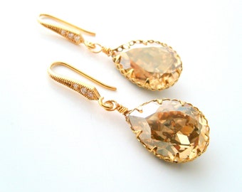 Vintage inspired champagne swarovski crystal teardrop 16K gold vermeil over 925 sterling silver earrings wedding jewelry bridal earrings