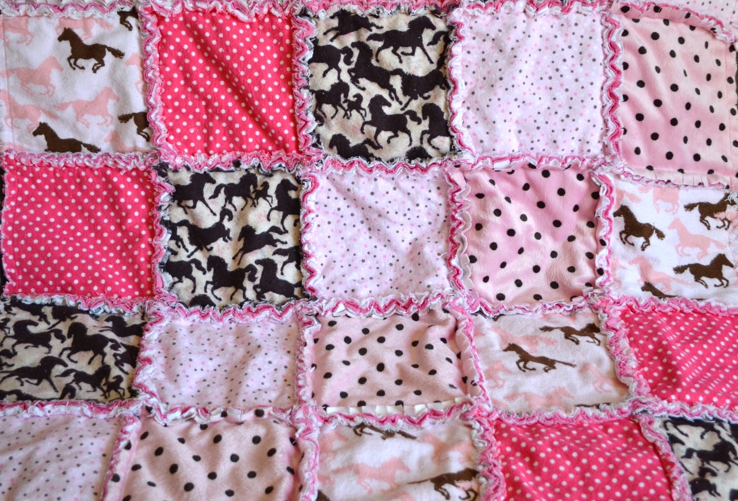 Brown & Pink Horse Baby Rag Quilt Blanket