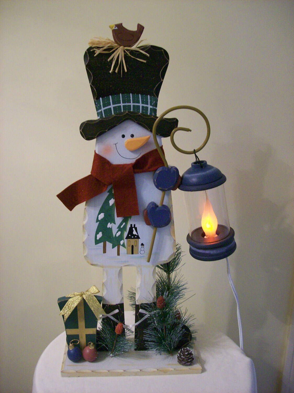 Hand-painted Wooden Snowman with Flickering Lantern