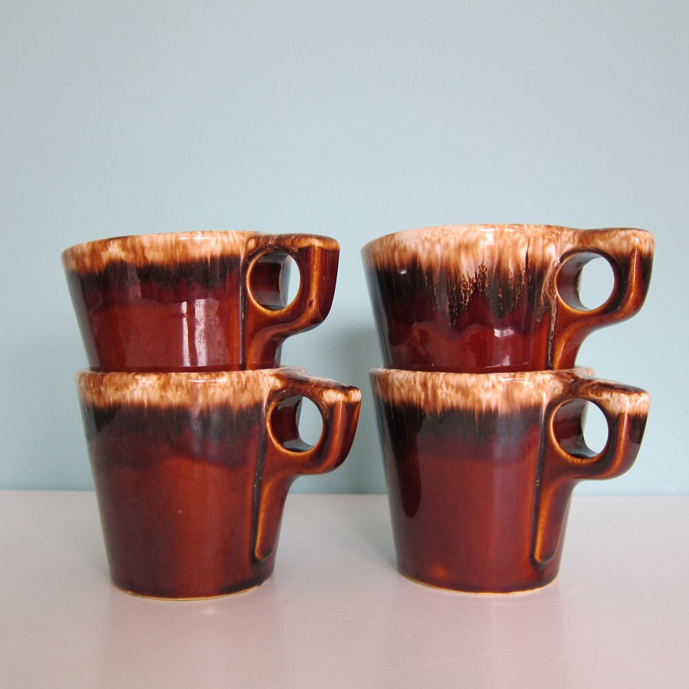 Hull Oven Proof Brown Drip Coffee Mugs Cups Set of 4