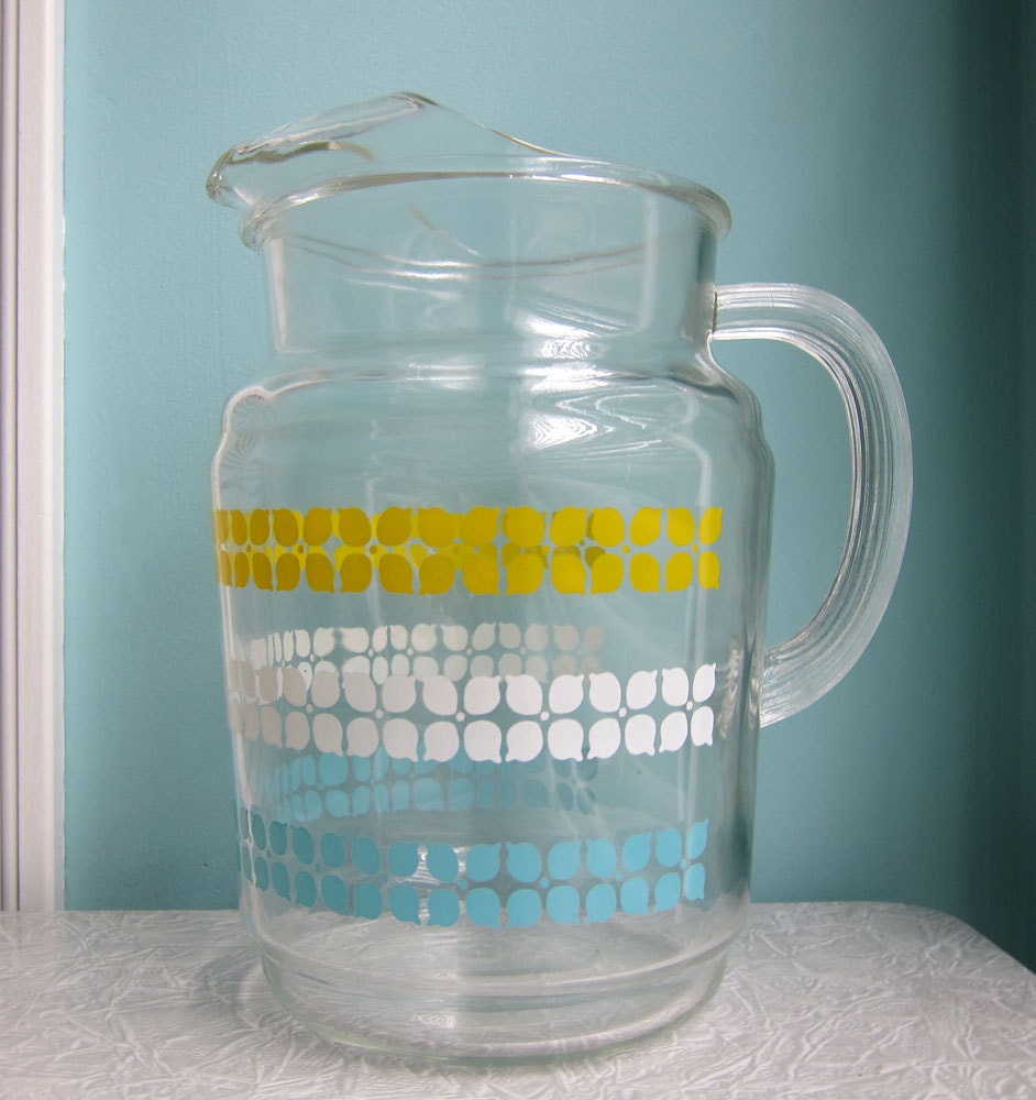 Vintage Glass Juice Pitcher Turquoise And Yellow 4544