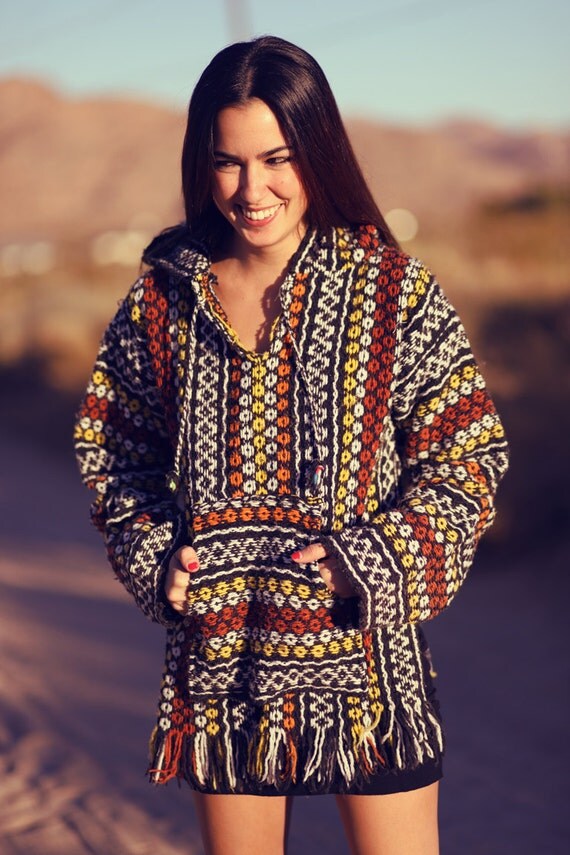 Tribal Mexican Hooded Pocket Fringe Poncho S M by BRITSTUDIO