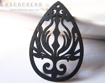 Painting Series - 59x40mm Pretty Black Fire Phoenix Teardrop Wooden Charm/Pendant MH026 01