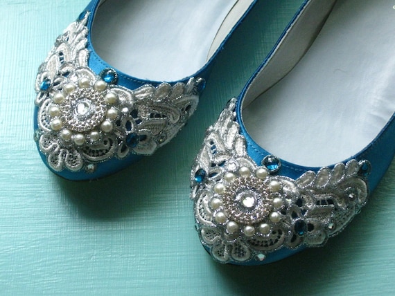 Wreath of Gold Teal and Silver Bridal Ballet Flats Wedding