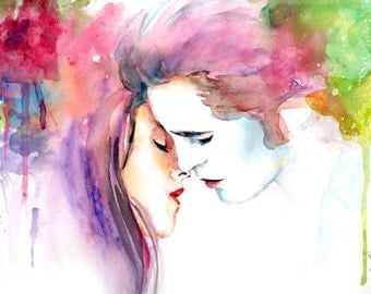 Twilight Bella and Edward Kiss Watercolor Painting Print