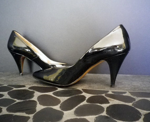 80s Shoes Black Patent LEATHER Stiletto Pumps 1980s 80s party