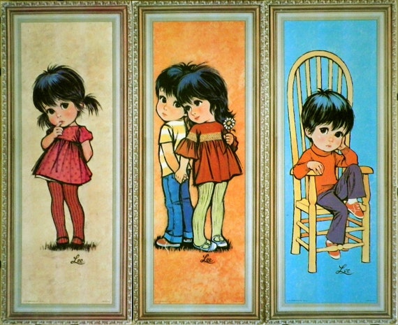 RESERVED for CHRISTINE Vintage 70s Big Eye Kids Prints LEE set