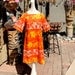 Vintage 60s Hawaiian Tiki Dress BIG BUTTON BACK Orange Yellow Luau Flowers Barkcloth Tapa cloth Square Neck