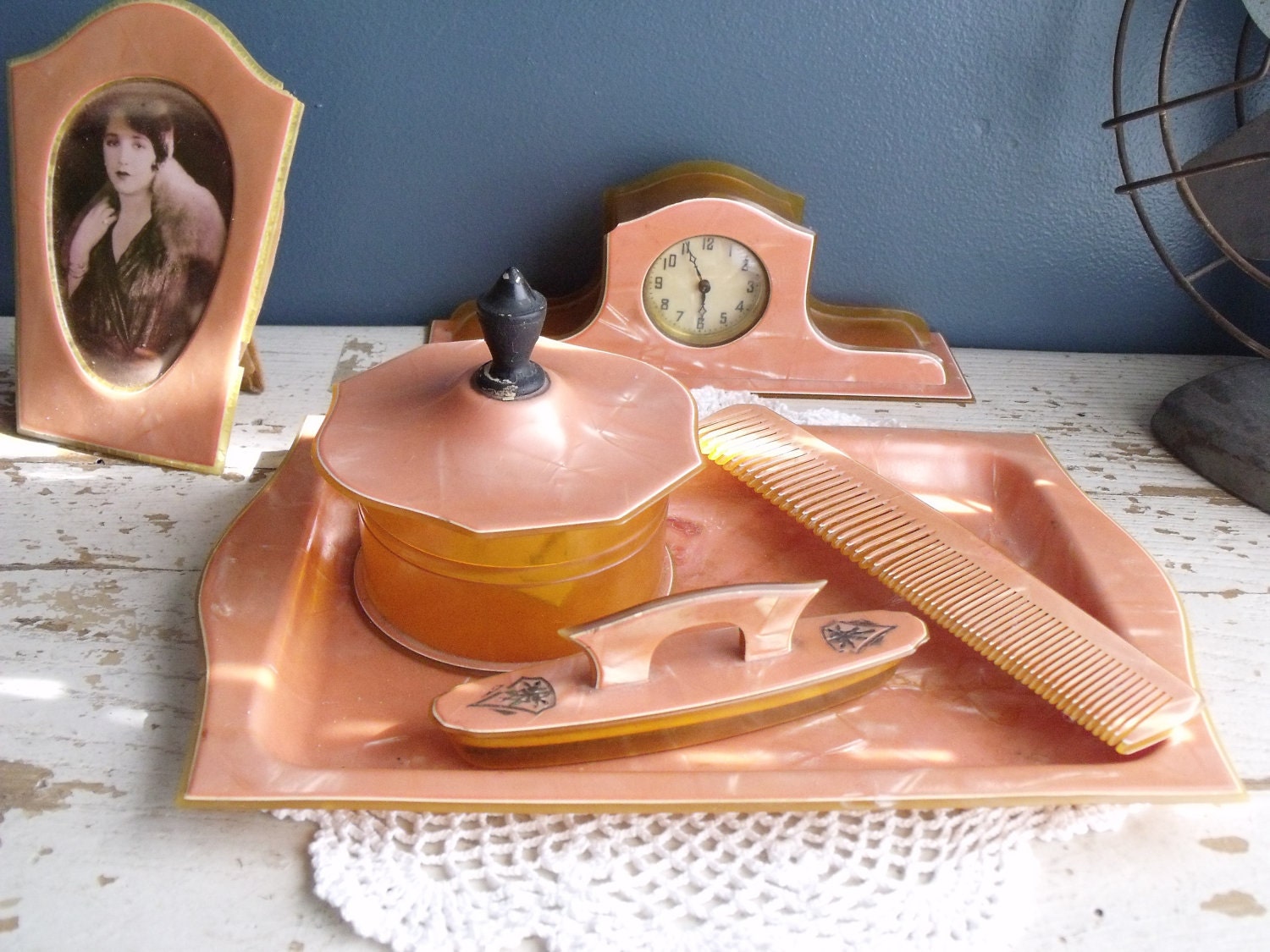 Antique Celluloid Vanity Dresser Set with Clock 6 Piece