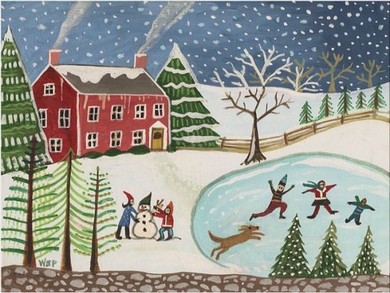 Items similar to WINTER FUN - Original Folk Art Painting by Wendy ...