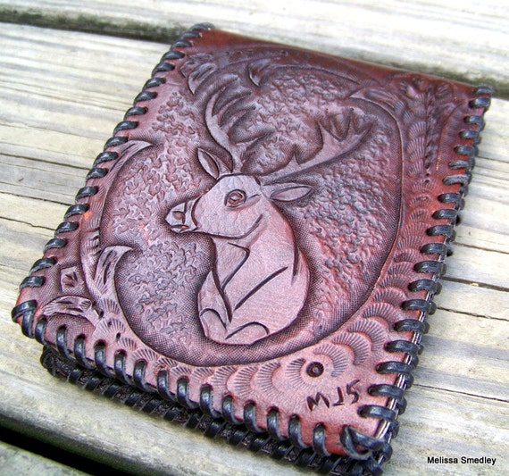 Leather Wallet Whitetail Deer Hand Carved by TheLazyHStudiosLLC