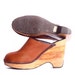 Womens 8.5-9 Brown Leather WOODEN Heel Clogs