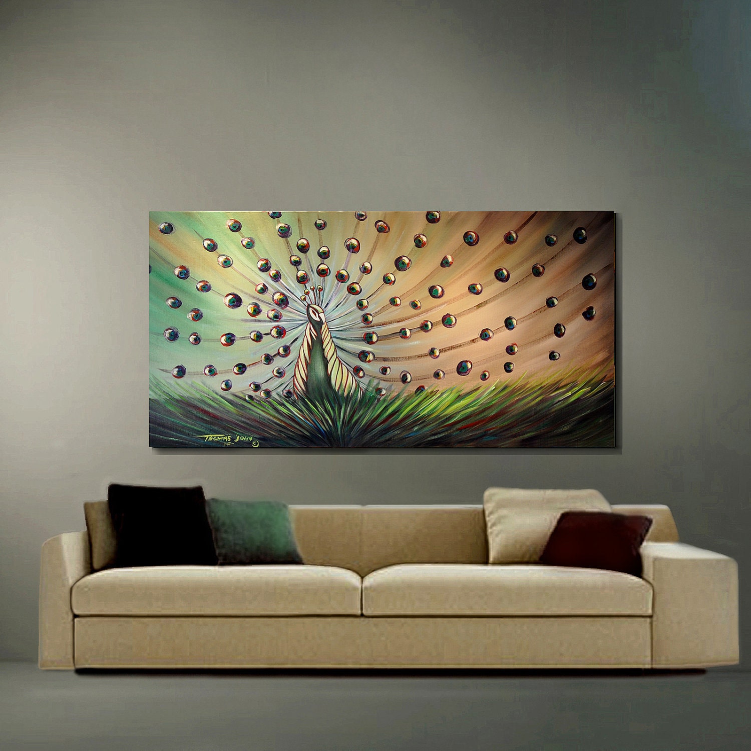 ORIGINAL ABSTRACT Painting Peacock Large 24x48 Fine Art by