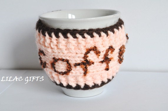 Items similar to Mug Cozy, Cup Cosy, Mug Warmer knitted,peach and brown ...