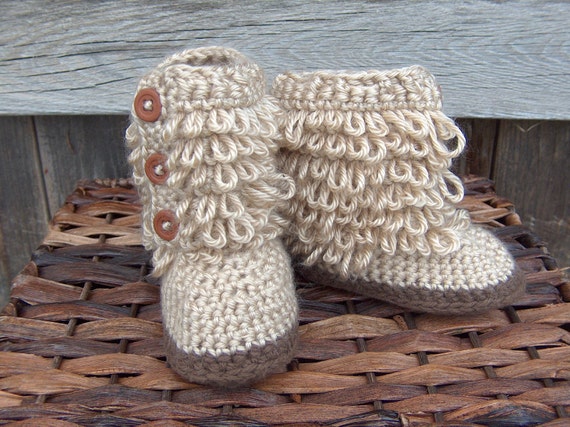 Items similar to Ugg style crochet baby booties - loopy fur in sand and ...