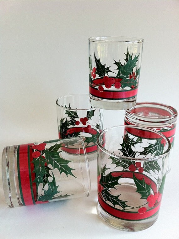 Libbey Glass Holiday Glasses Holly & Berries Double Old