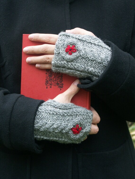 Items similar to grey embroidered fingerless gloves on Etsy