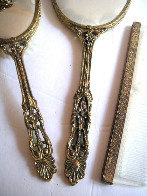 Vintage Brass Vanity Mirror Set Hand Held Mirror Brush and