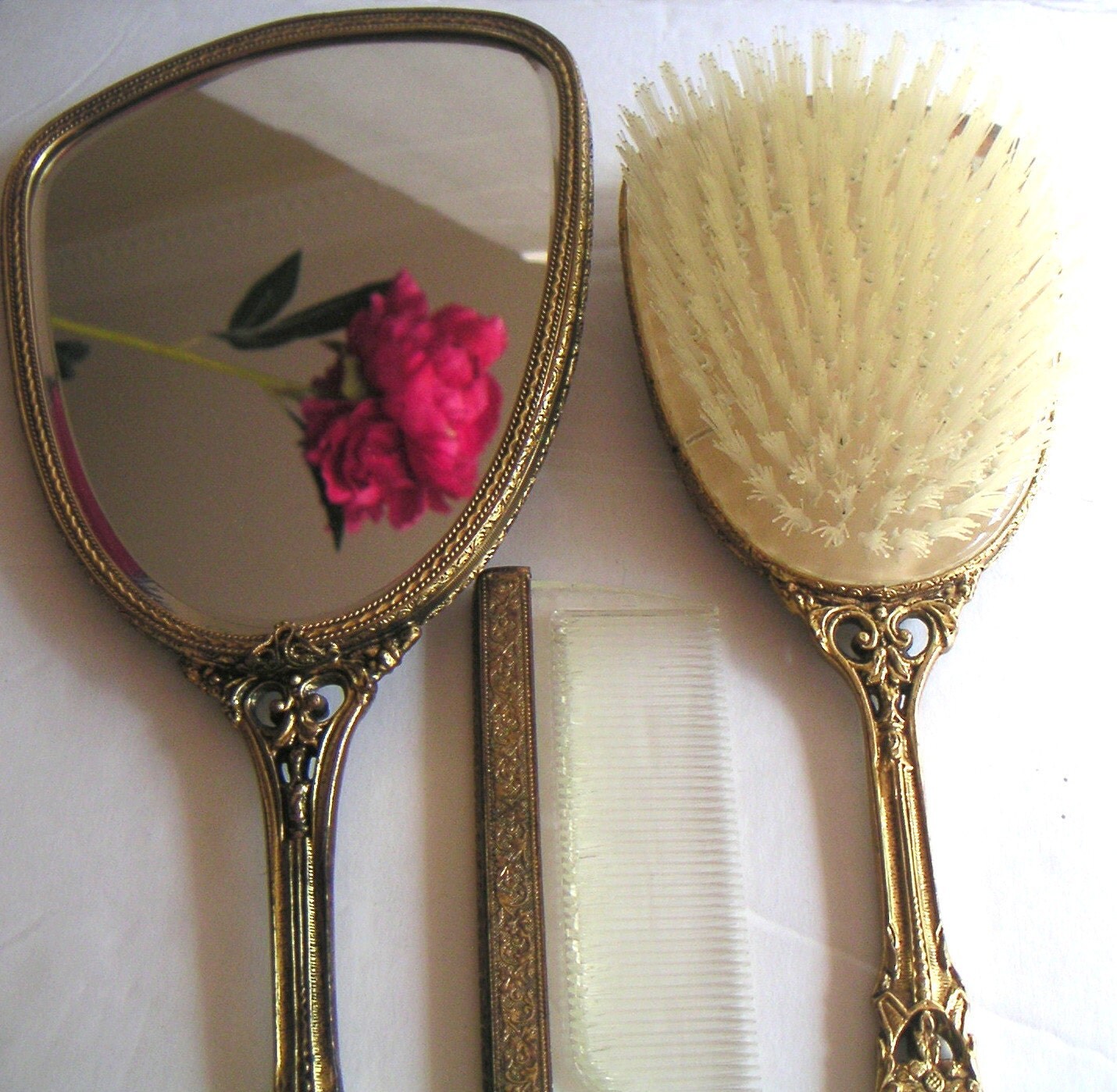Vintage Brass Vanity Mirror Set Hand Held Mirror Brush and