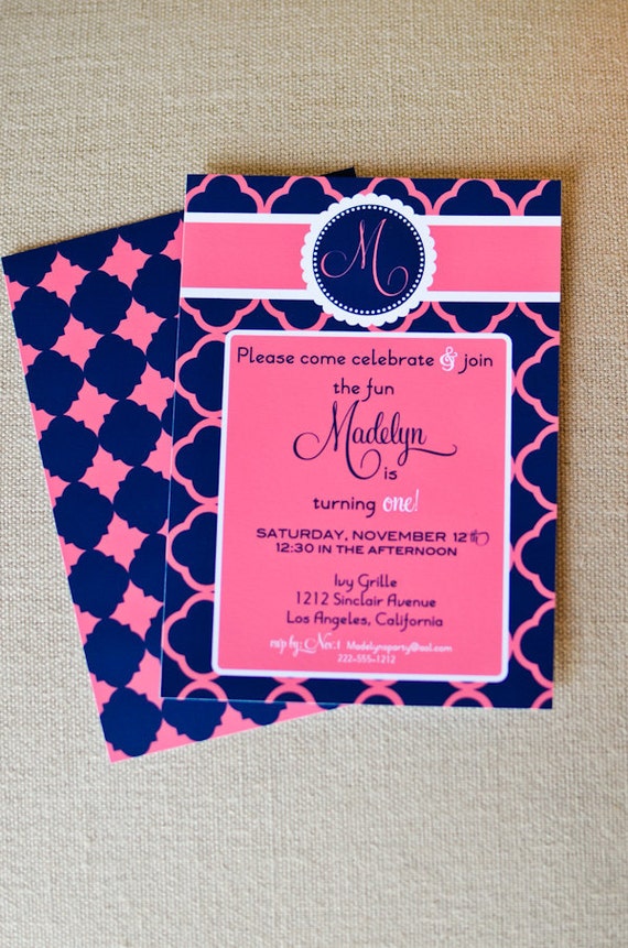 PREPPY 1st Birthday Invitation, Pink and Navy, PRINTABLE by Libby Lane Press Il_570xn
