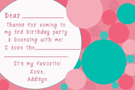 Pink & Teal BOUNCE HOUSE, Fill-in Thank you note, PRINTABLE by Libby Lane Press Il_570xn
