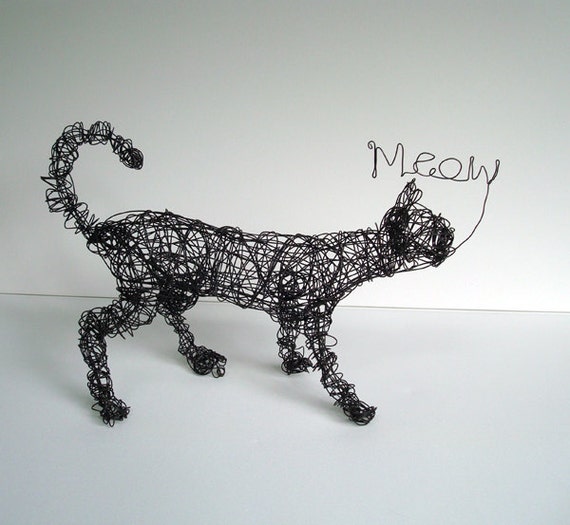 MEOW Standing Cat Unique Wire Cat Sculpture by wireanimals