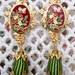 HANDMADE Metal & Fiber EARRINGS -"Parlor Games" - Vintage Striped Satin Beads, Enameled Metal , Brass Stampings, Victorian Beauty