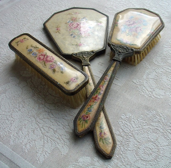 Antique 1940s Mirror And Hairbrush Vanity Set by RomanticRelics1