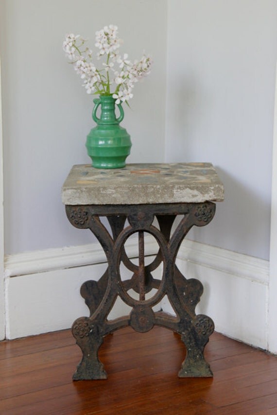 Antique Cast Iron Side Table with Concrete and by CanalSideStudio