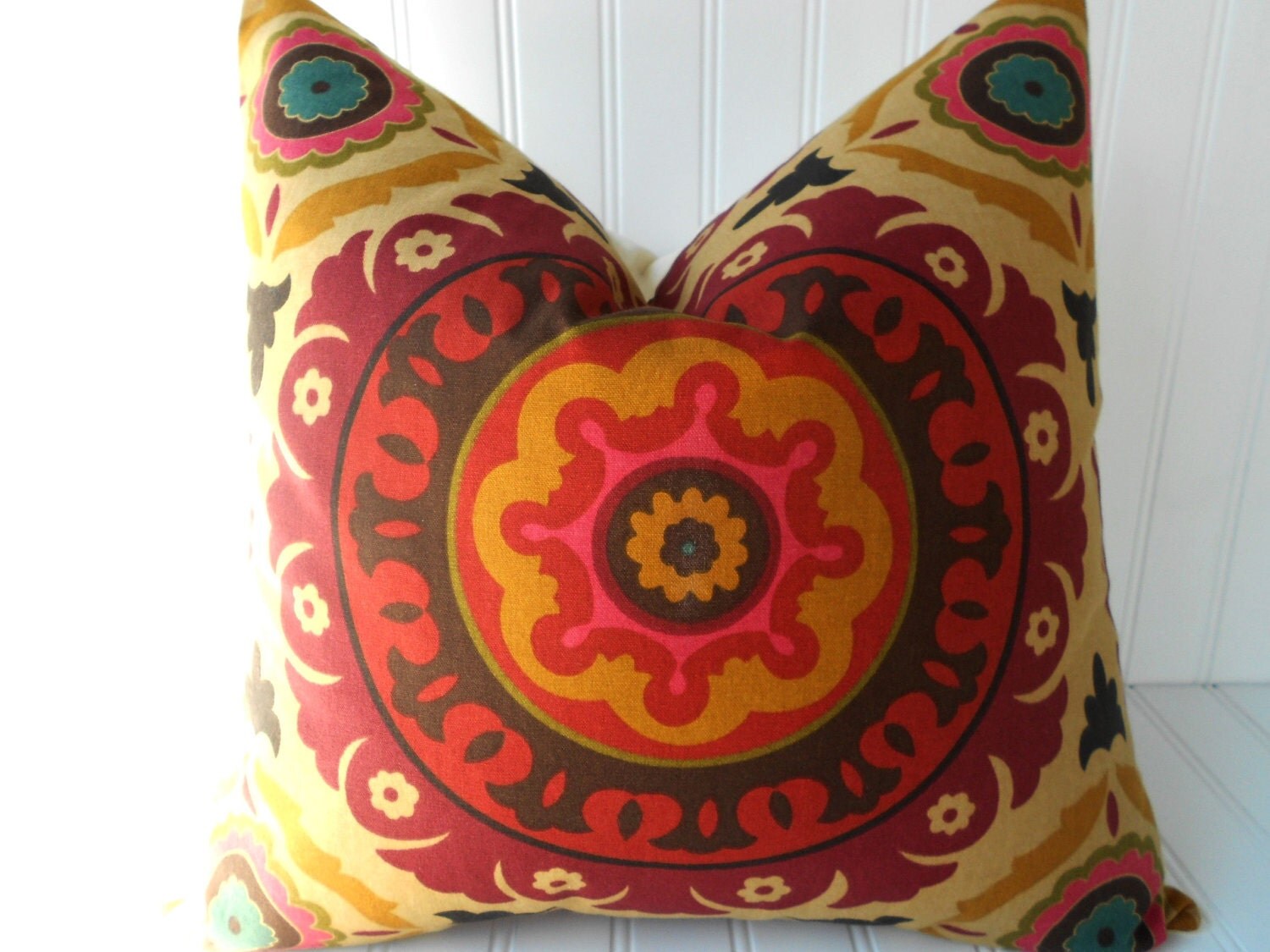 Red Pillows.Red Designer Pillow Cover Red Tan Pillow.Suzani