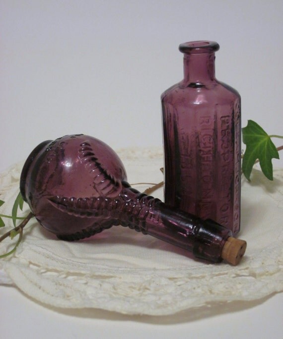 Two Vintage Purple Colored Glass Bottles Collectible Miniature
