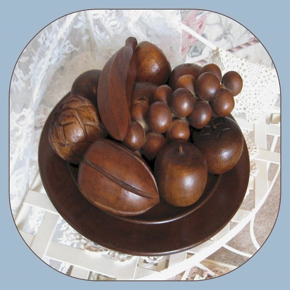 Carved Wood Fruit Bowl Wooden Centerpiece by RebeccasVintageShop