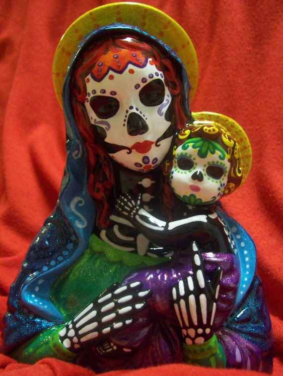 Day Of The Dead Virgin Mary baby Jesus Hand Painted vintage
