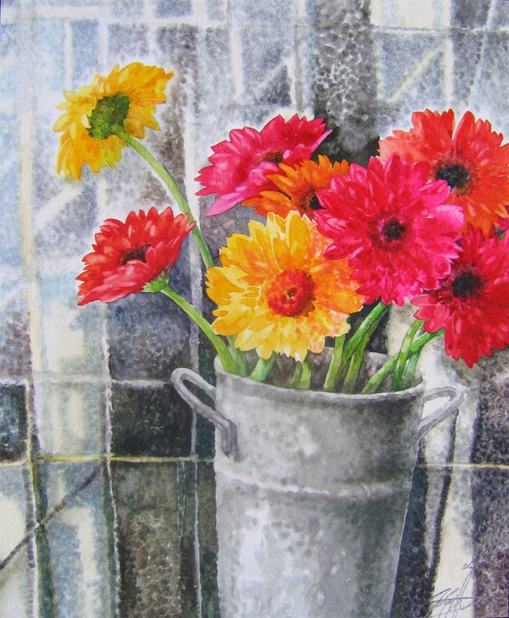 Items similar to ORIGINAL- Daisies in a bucket, Watercolor Painting on Etsy