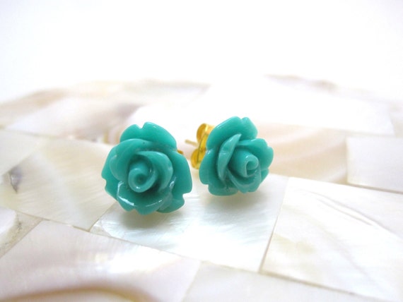 Turquoise rosette earrings blue turquoise by LazyOwlBoutique