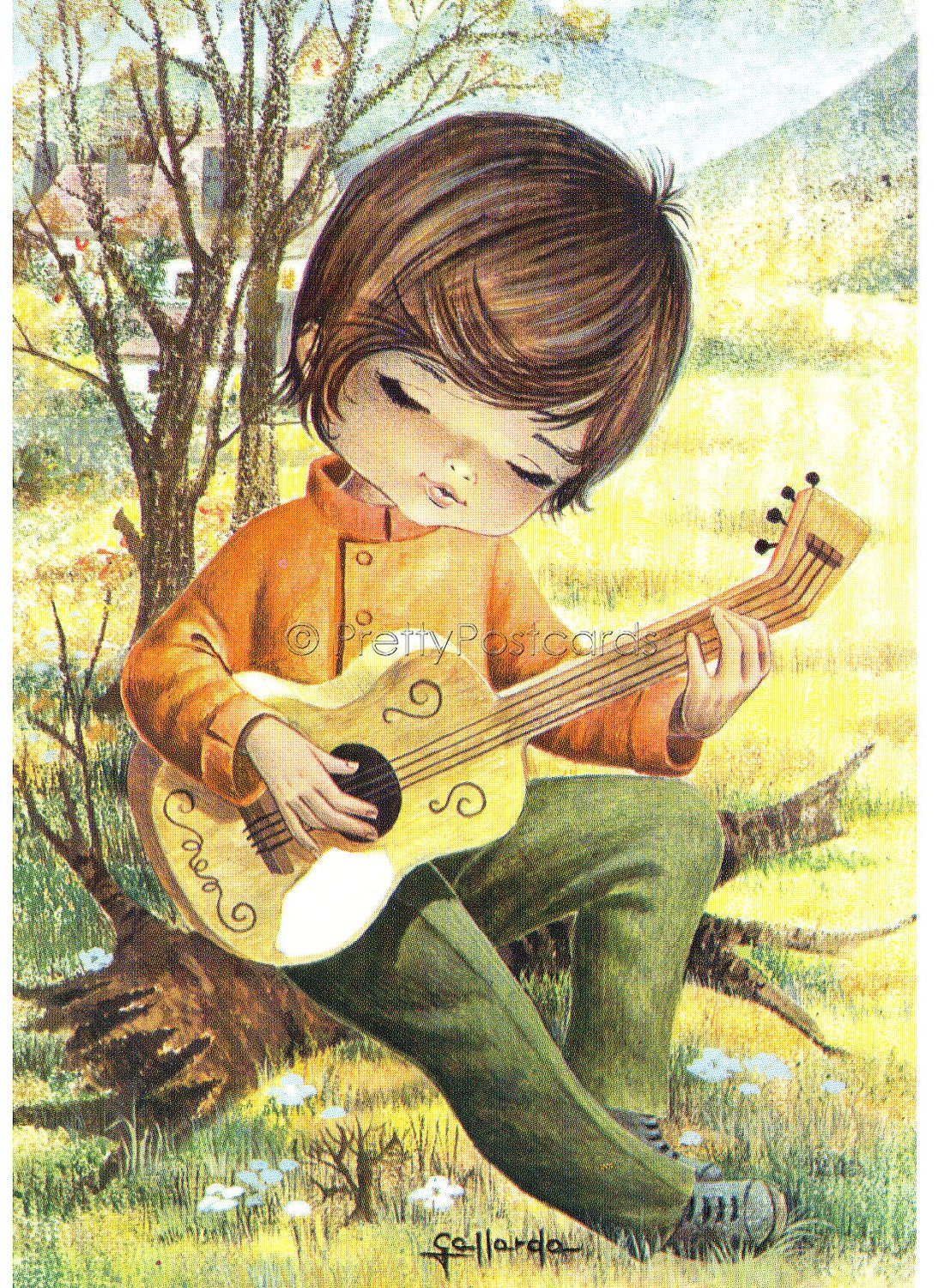 Big Eyed Boy playing the Guitar Vintage postcard by Gallarda