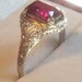 Vintage Emerald Cut Synthetic Ruby Ring/ 14K White Gold Filigree Setting