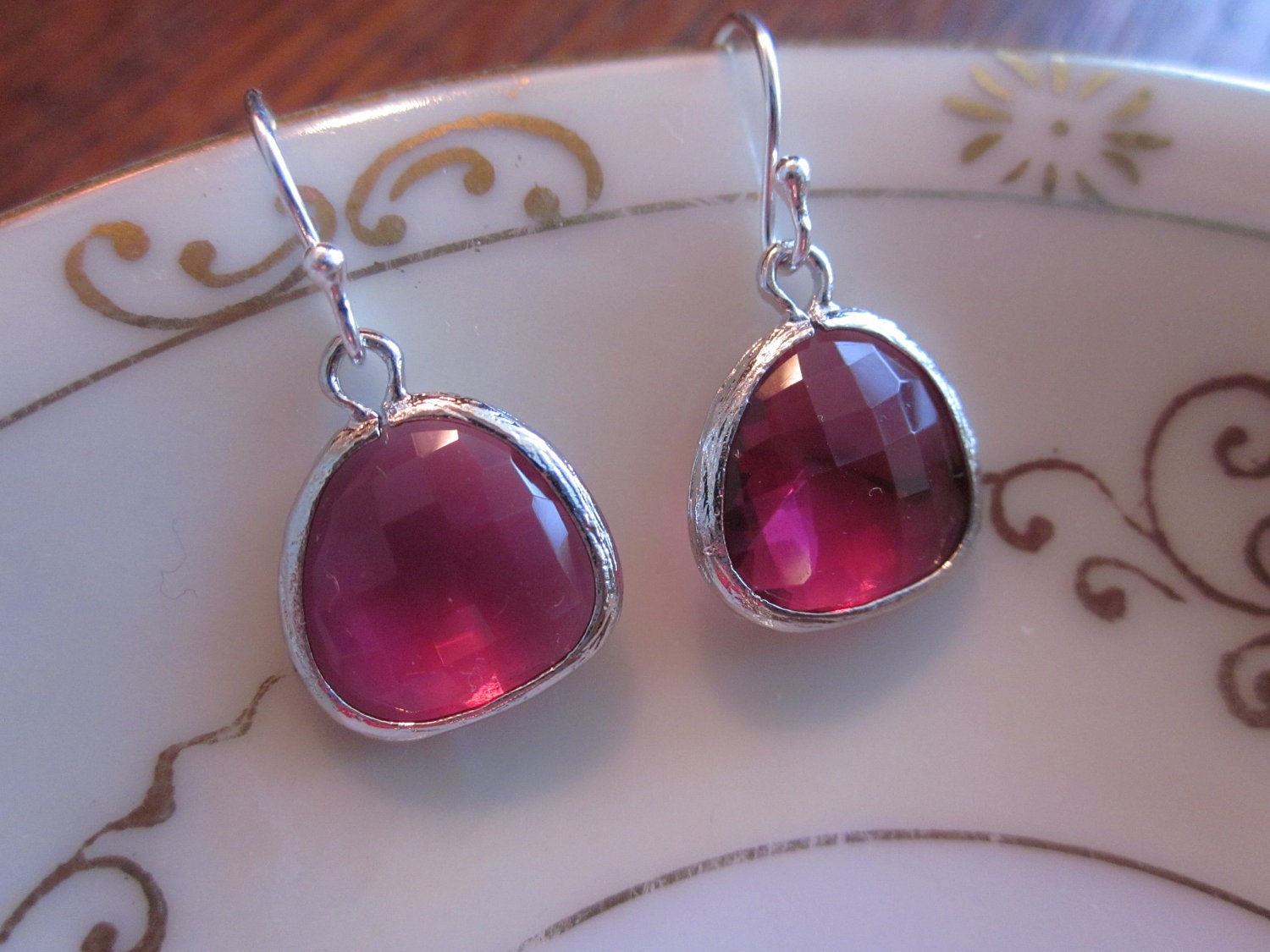 Fuchsia Earrings Pink Silver Plated Gems Bridesmaid Earrings