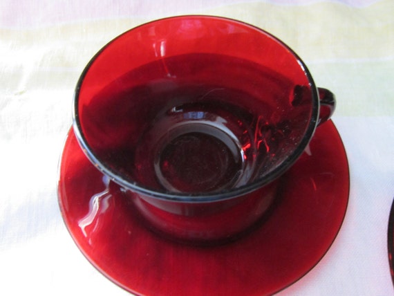 red Ruby Saucer cup  and Cup Vintage red PriorMemories ruby glass by saucer and vintage pattern