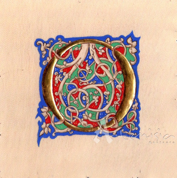 Items similar to Illuminated letter O on parchment - gold leaf and egg ...