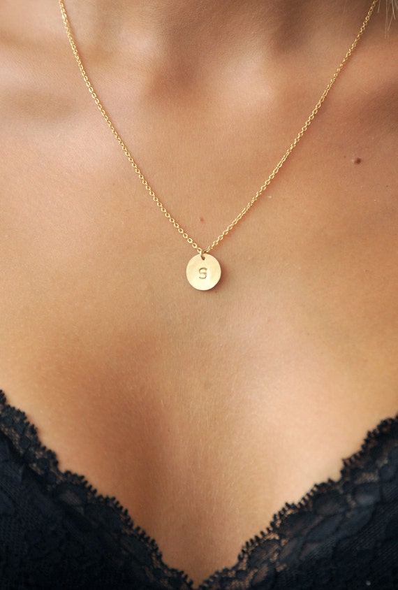 Circle Stamped letter Initial necklace thick chain. 14kt gold