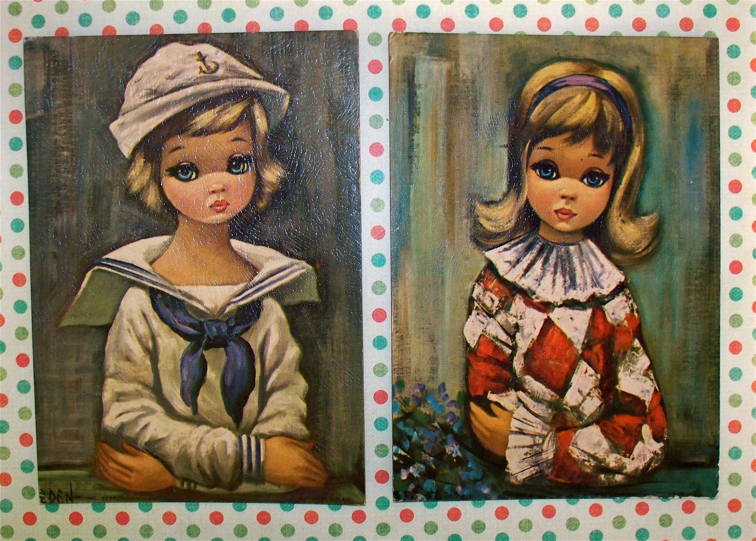 Vintage Kitsch Set of Two Eden Lithos Big Eyed prints Sailor