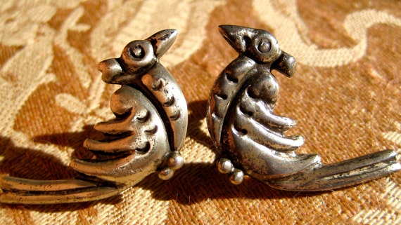 1940s Silver Mexican Bird Screw back Earrings Hollywood Favorites
