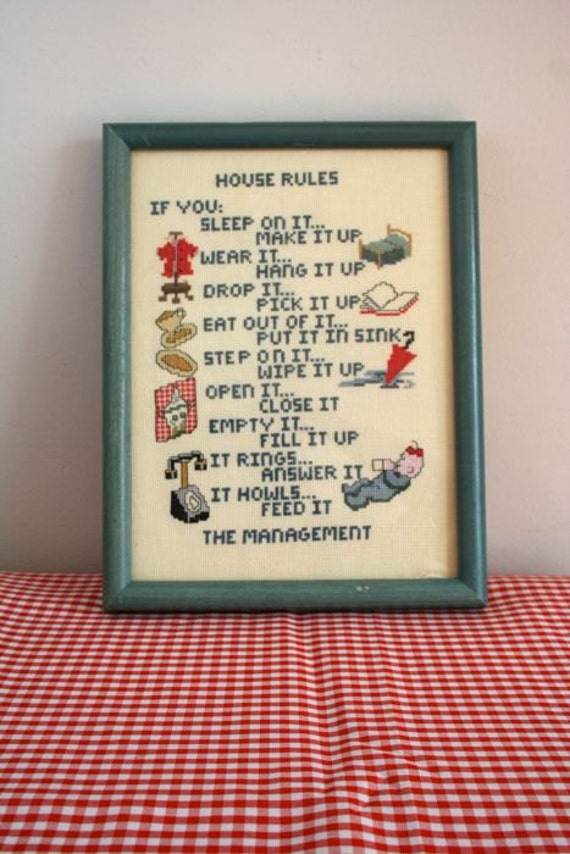 RULES wall cross vintage house rules HOUSE hanging stitch vintage