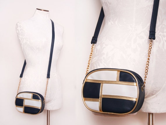 Navy Blue and White Cross Body Purse with Gold Chain Straps