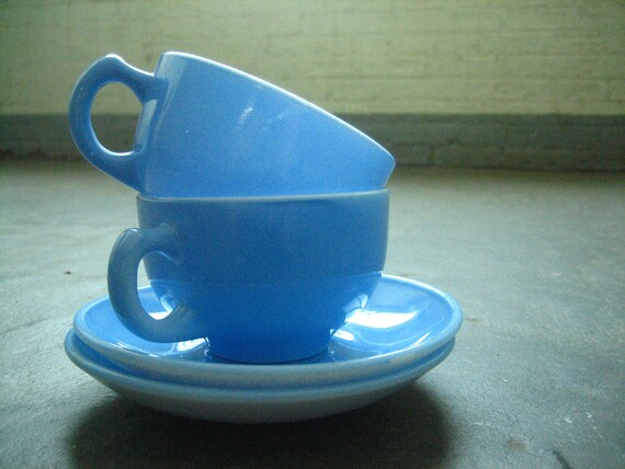 and 6 set of lot vintage vintage BLUE teacups 1940s cornflower glass of teacups  saucers milk
